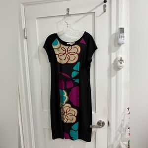 Jonathan Martin black stretchy dress with multicolored floral pattern on front